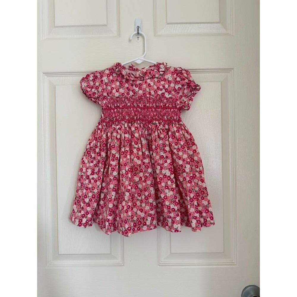 Rachel Riley Girls Floral Dress 2Y Pink Cotton Smocked Party Summer